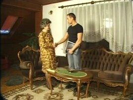 Granny in pantyhose & with furry vagina pounded with stud