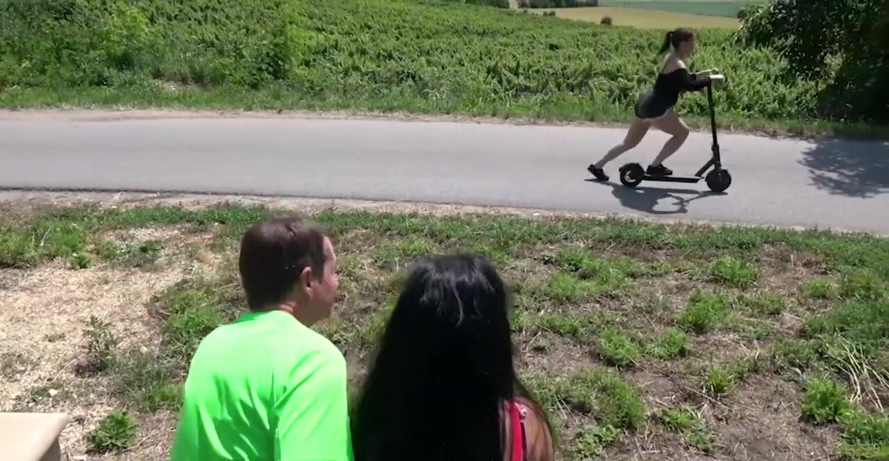 Busty chick joins outdoor 3some with elderly couple