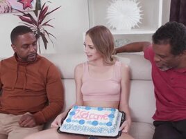 Girl with small tits enjoys two black boy's cocks