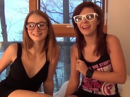 Nerdy girls strip naked and play with sex toys