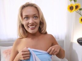 Blonde charmer gags on the dick and rides it in POV