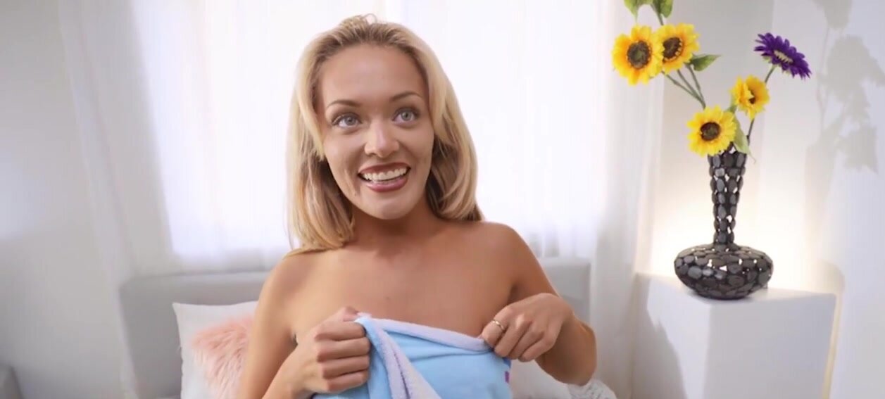 Blonde charmer gags on the dick and rides it in POV