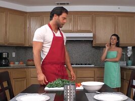 Brunette gets fucked by cook in the kitchen