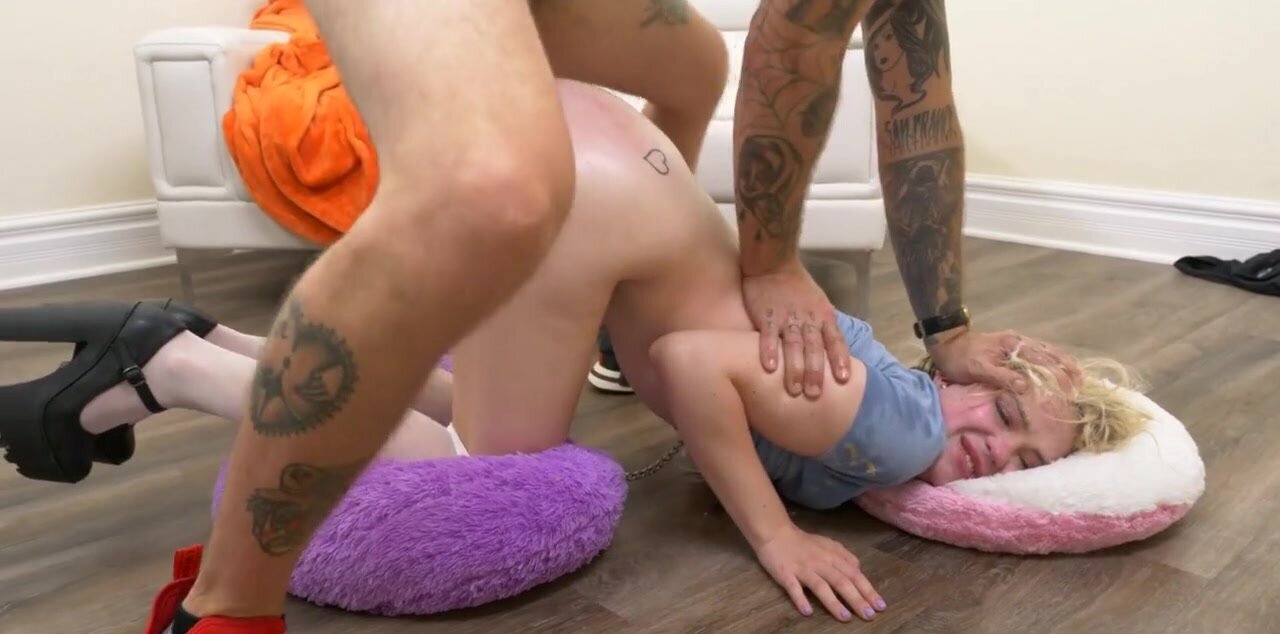 Cute blonde roughly impaled and facefucked by tough guy