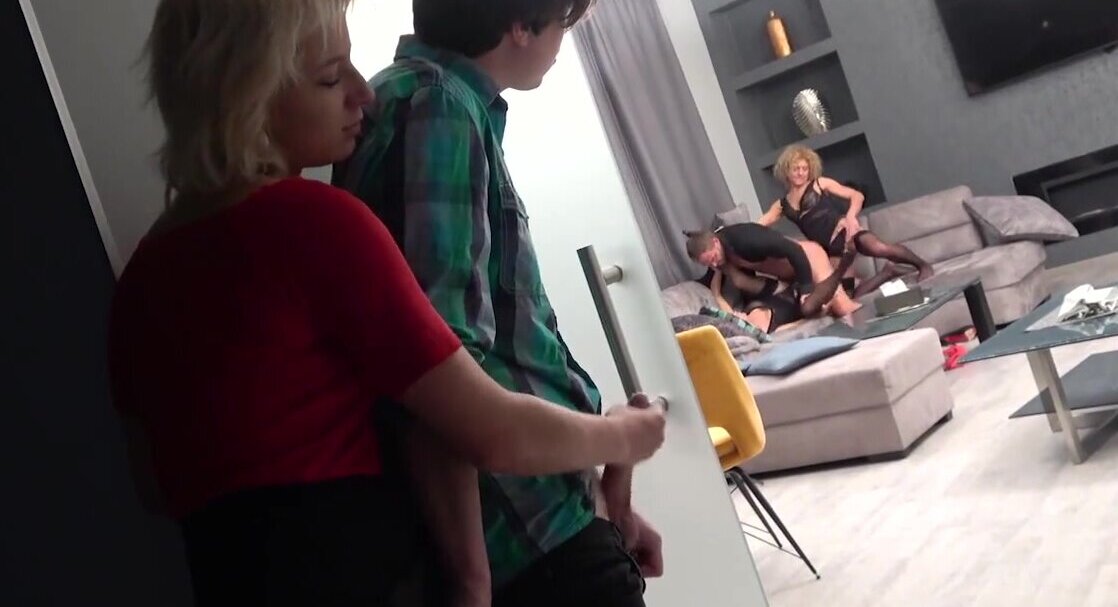 Man inserts cock in pussies while girl wanks stepbro