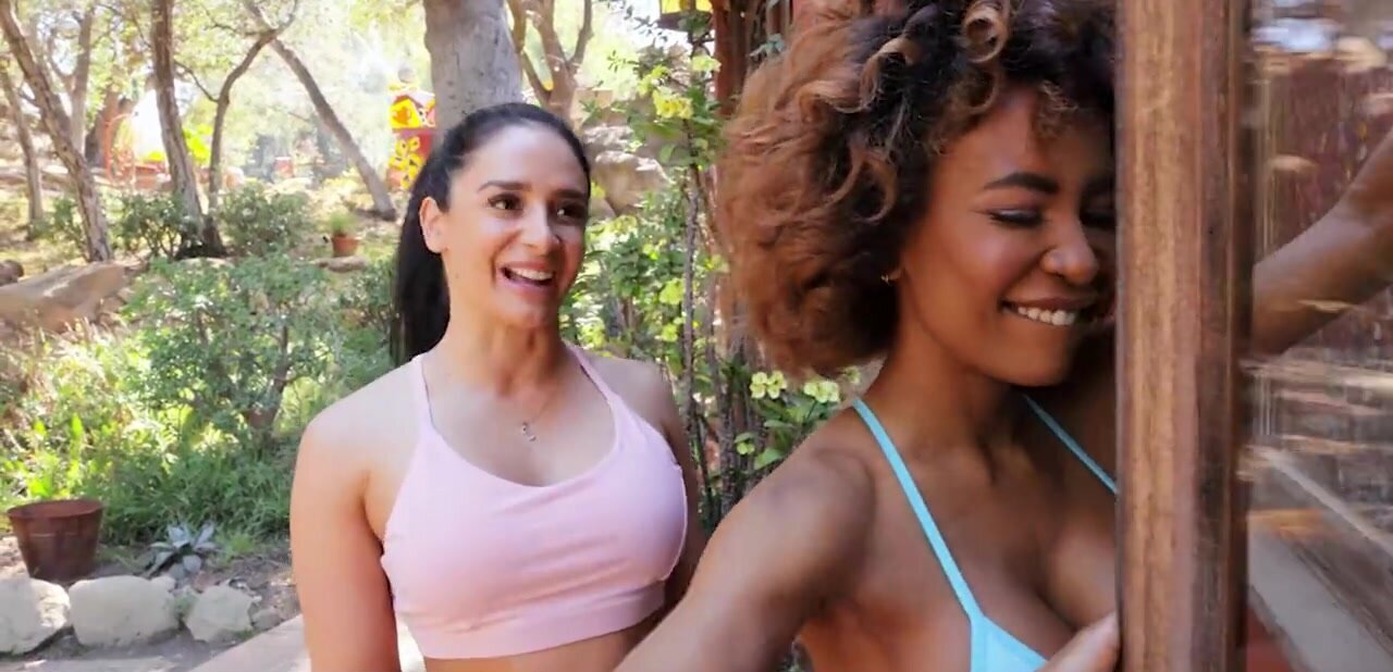 Tall guy dragged into threeway with busty Ebony sluts