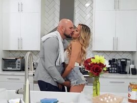 Dazzling blonde nailed by bald bruiser in the kitchen