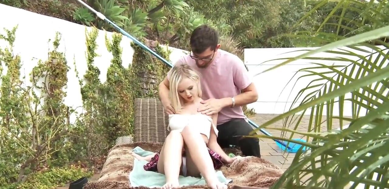 Young petite blonde is stretched out by the pool boy