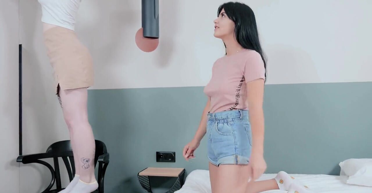 Pale blonde teen is fooling around with a cute brunette