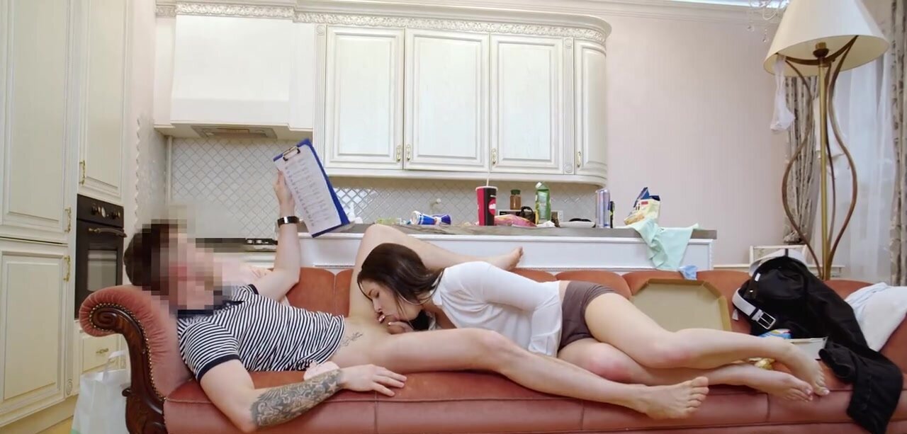 Big booty brunette is serving the horny debt collector