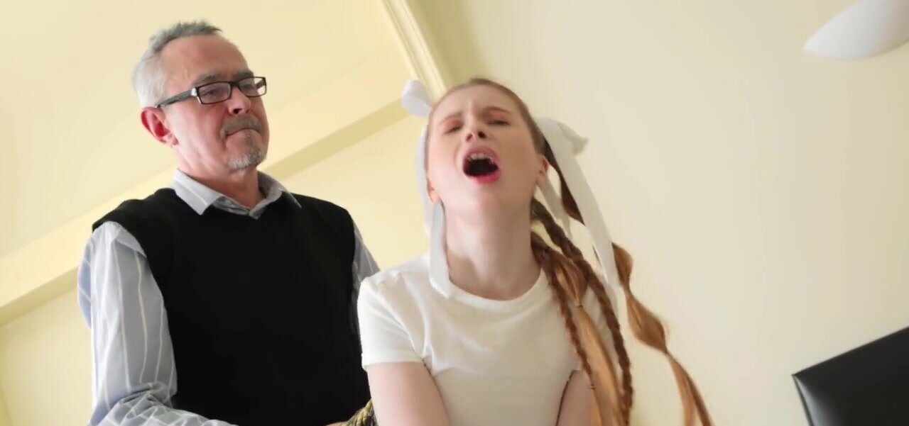 Pale pigtailed blonde is moaning while an old man fucks
