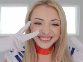 A petite blonde is cosplaying and then gets roughed up