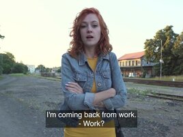 Redheaded girl wtih a cute face gets fucked outside