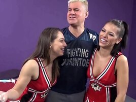 Two filthy cheerleader babes fucking in a hard FFM scene