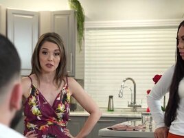 Stepmom and stepdaughter pretend they can't see him
