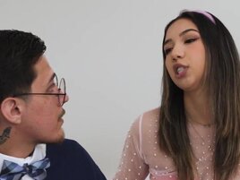 Petite girl with a nice booty sucking and riding a DILF