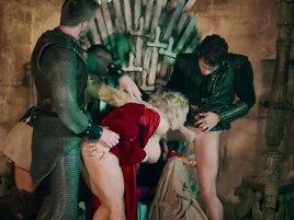 Rebecca More taking care of three dicks in a porn parody