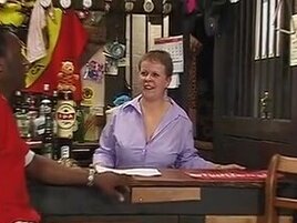 Chubby woman with short hair is rocked by a black man