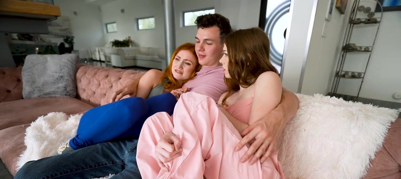 A redhead and abrunette have a night with their stepbro