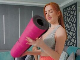 Redheaded girl with big knockers takes it sideways as well