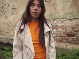 Skinny babe with a cute face is going to take his HUGE dick
