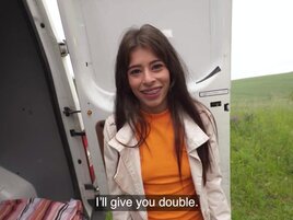 Skinny babe with a cute face is going to take his HUGE dick