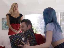 Blue hair beauty exposes her fake tits and gets rammed