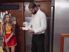 Waitress in a slutty uniform uses toys and random cocks