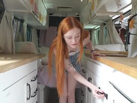 Cute ginger has fun with her BF in the back of his trailer