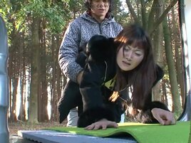 Old Japanese lady fucks hard dick while in the woods