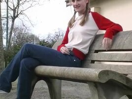 European blonde teen gags on a random dick outdoors