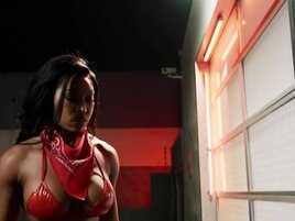 Row of dildos for a slutty ebony girl who fucks a guy later on