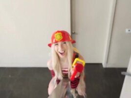 Tiny girl puts on a slutty firewoman outfit before sex
