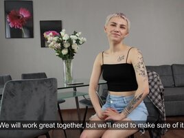 Skinny blonde with ink is going to play with her virginal vag