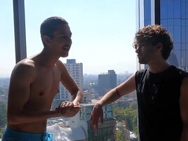 Cutie with curly hair kissing and jerking in the morning