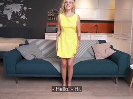 Blonde in a yellow dress wants to impress with hard sex