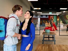 Brunette with a wet, shaved pussy gets fucked at work