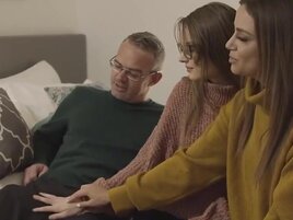 Submissive brunette teen sucking a stepfam cock to start FFM