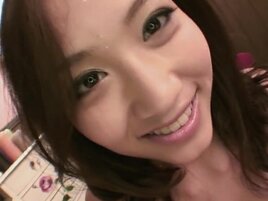Japanese teen masturbates before sucking a fat dick