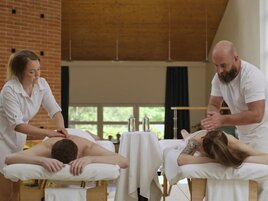 Submissive teen getting fucked on the massage table