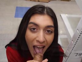 Cute brunette gets fucked between the aisles like a slut