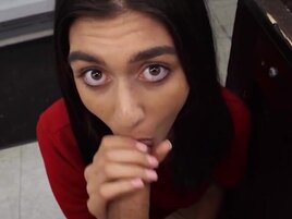 Cute brunette gets fucked between the aisles like a slut