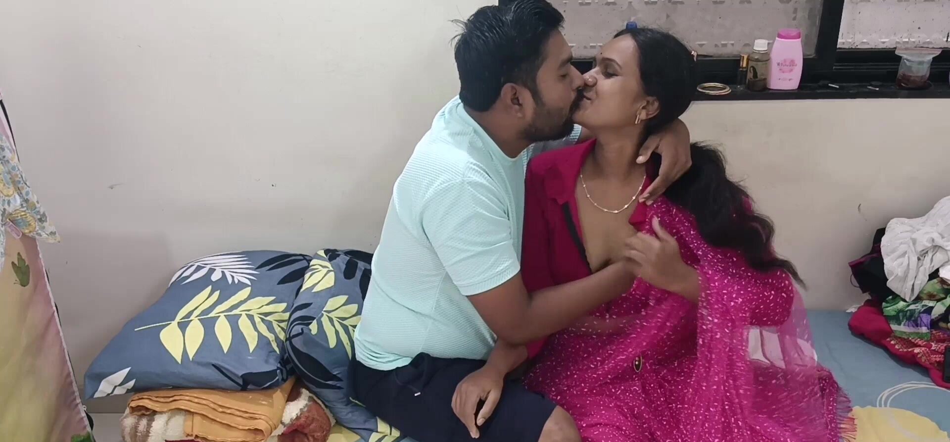 Chubby man and his wife are making love in the bedroom