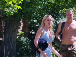 Skinny blonde finds a way to get fucked outside
