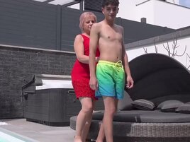 Age-gap fantasy with a cute granny in a red dress