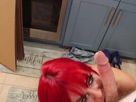 Red wig babe riding his nice cock in the kitchen