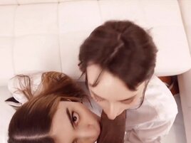 POV of two teen hotties sucking one massive cock