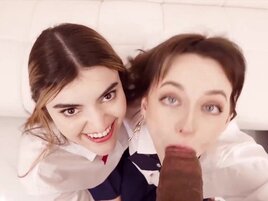 POV of two teen hotties sucking one massive cock